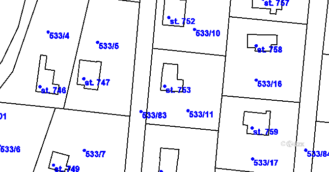 Parcela st. 753 v KÚ Těptín, Katastrální mapa