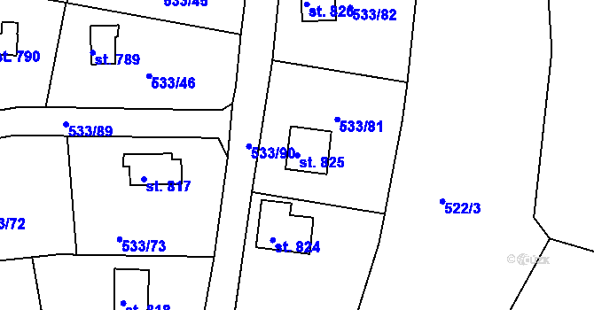 Parcela st. 825 v KÚ Těptín, Katastrální mapa