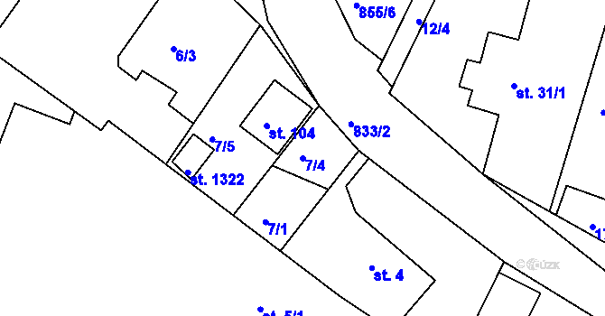 Parcela st. 7/4 v KÚ Těptín, Katastrální mapa