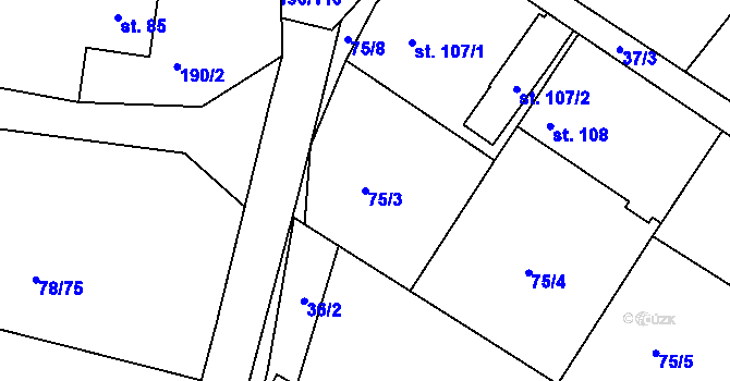 Parcela st. 75/3 v KÚ Těptín, Katastrální mapa