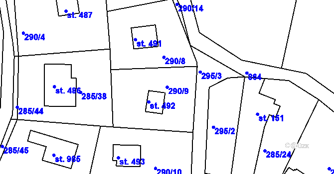 Parcela st. 290/9 v KÚ Těptín, Katastrální mapa