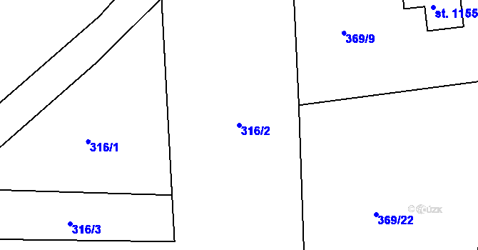 Parcela st. 316/2 v KÚ Těptín, Katastrální mapa