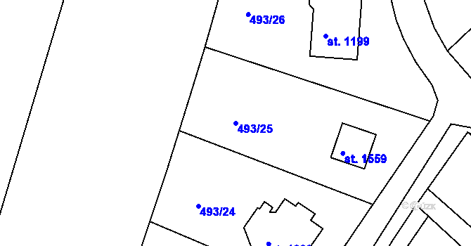 Parcela st. 493/25 v KÚ Těptín, Katastrální mapa