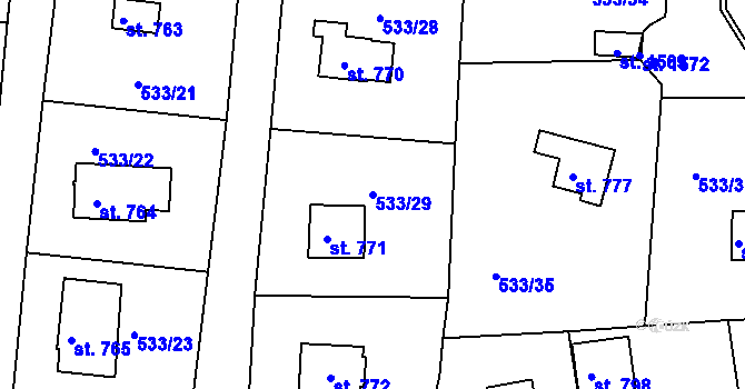 Parcela st. 533/29 v KÚ Těptín, Katastrální mapa