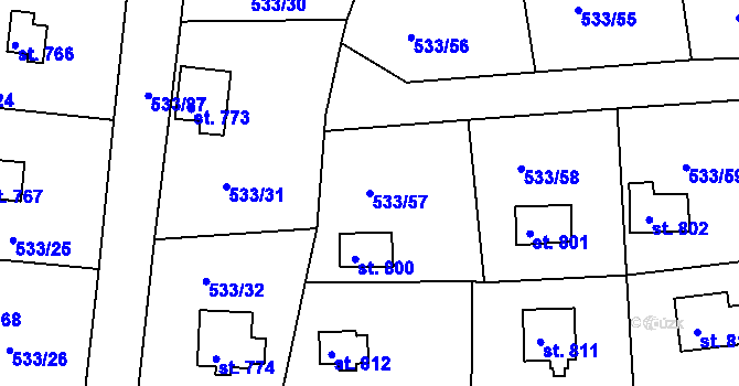 Parcela st. 533/57 v KÚ Těptín, Katastrální mapa