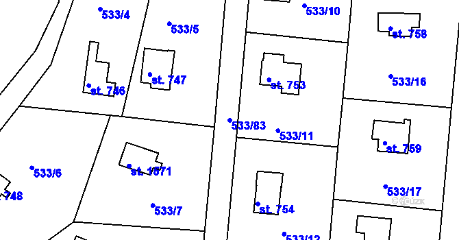 Parcela st. 533/83 v KÚ Těptín, Katastrální mapa