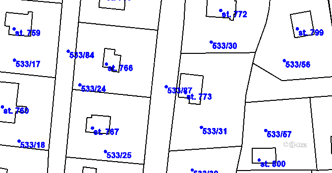 Parcela st. 533/87 v KÚ Těptín, Katastrální mapa