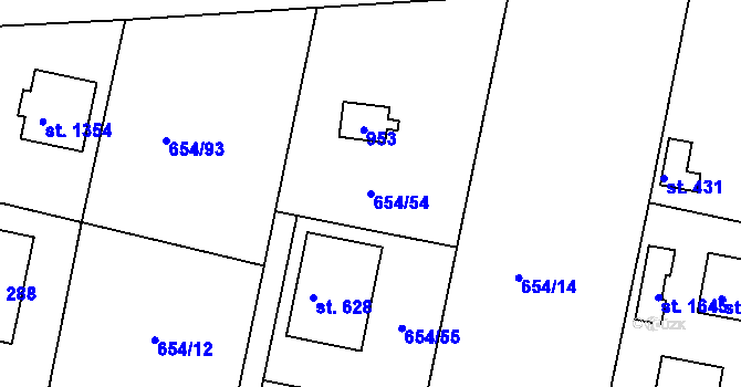 Parcela st. 654/54 v KÚ Těptín, Katastrální mapa