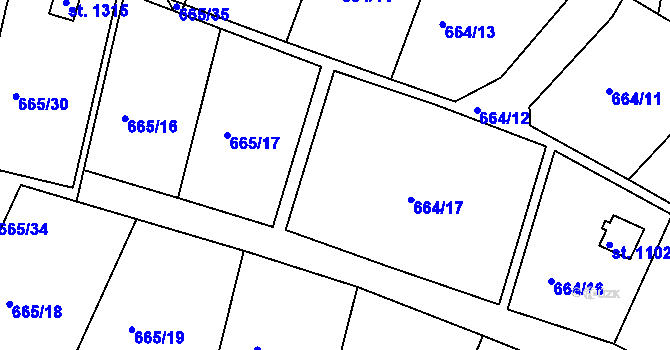 Parcela st. 664/18 v KÚ Těptín, Katastrální mapa
