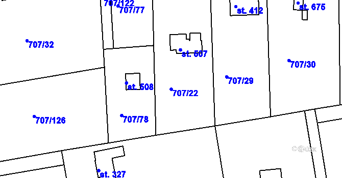 Parcela st. 707/22 v KÚ Těptín, Katastrální mapa