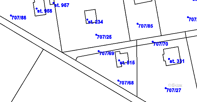 Parcela st. 707/69 v KÚ Těptín, Katastrální mapa