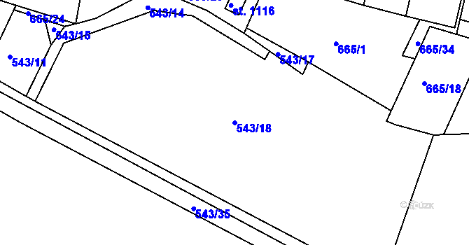 Parcela st. 543/18 v KÚ Těptín, Katastrální mapa