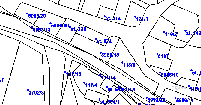 Parcela st. 5986/18 v KÚ Kamenice u Jihlavy, Katastrální mapa
