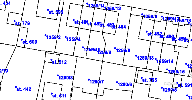 Parcela st. 1259/9 v KÚ Kamenice u Jihlavy, Katastrální mapa