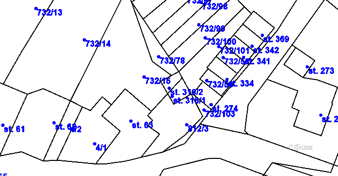 Parcela st. 316/2 v KÚ Kameničky, Katastrální mapa