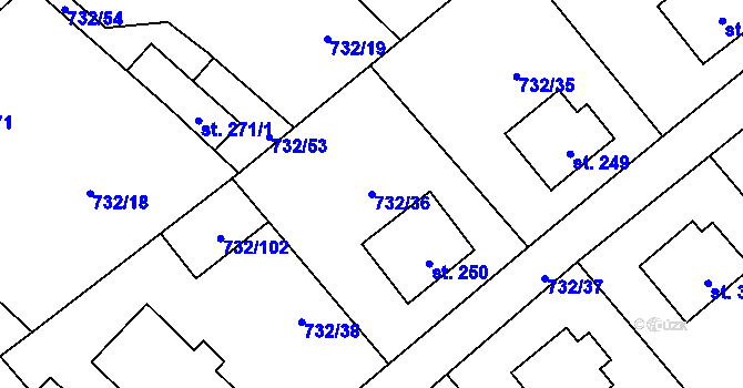 Parcela st. 732/36 v KÚ Kameničky, Katastrální mapa