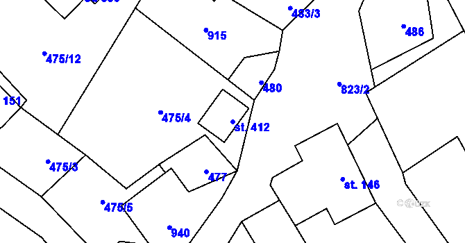 Parcela st. 412 v KÚ Kameničky, Katastrální mapa