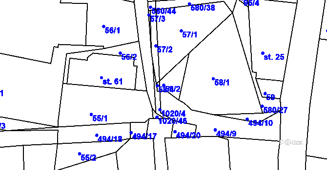 Parcela st. 58/2 v KÚ Kameničná, Katastrální mapa
