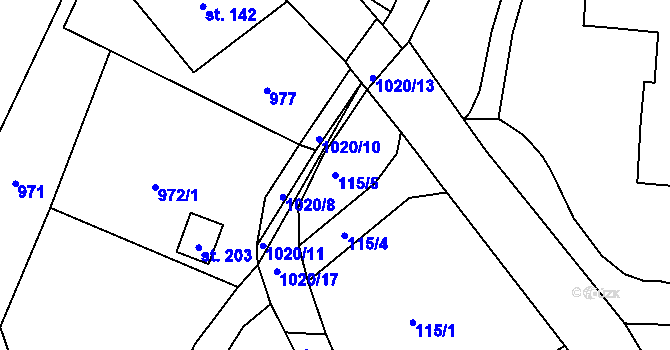 Parcela st. 115/5 v KÚ Kameničná, Katastrální mapa