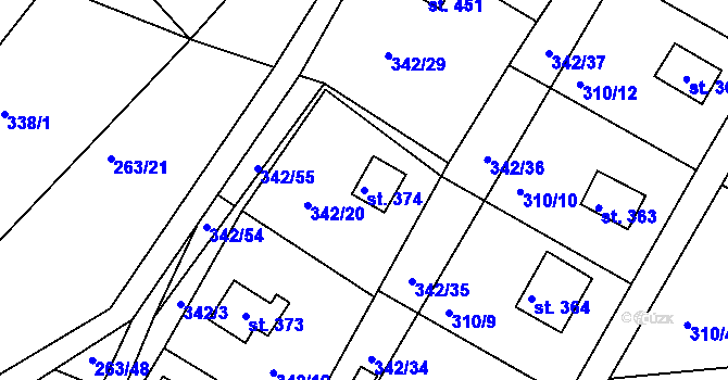Parcela st. 374 v KÚ Hostěradice, Katastrální mapa