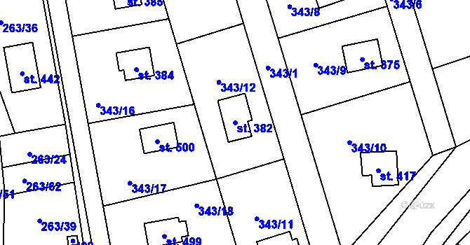 Parcela st. 382 v KÚ Hostěradice, Katastrální mapa