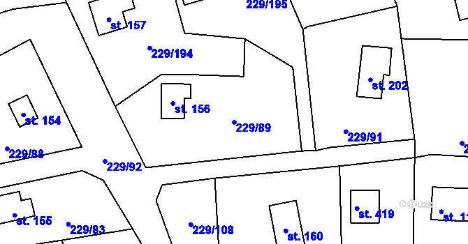 Parcela st. 229/89 v KÚ Hostěradice, Katastrální mapa