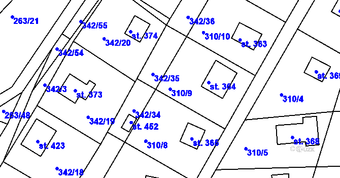 Parcela st. 310/9 v KÚ Hostěradice, Katastrální mapa