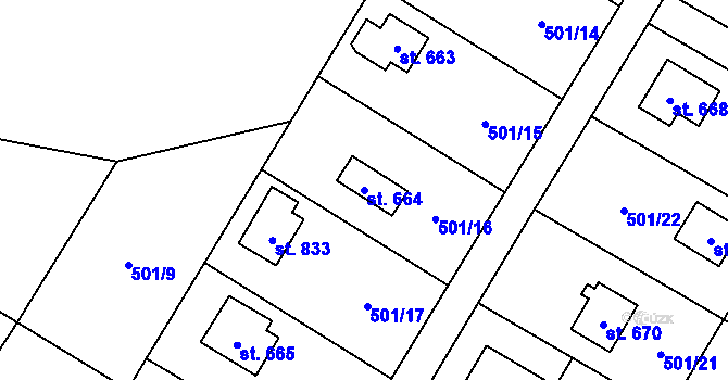 Parcela st. 664 v KÚ Kamenný Přívoz, Katastrální mapa