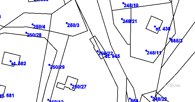 Parcela st. 250/22 v KÚ Kamenný Přívoz, Katastrální mapa