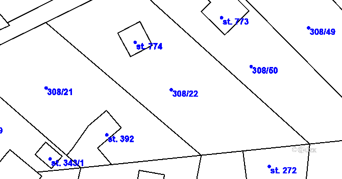 Parcela st. 308/22 v KÚ Kamenný Přívoz, Katastrální mapa