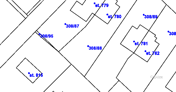 Parcela st. 308/88 v KÚ Kamenný Přívoz, Katastrální mapa