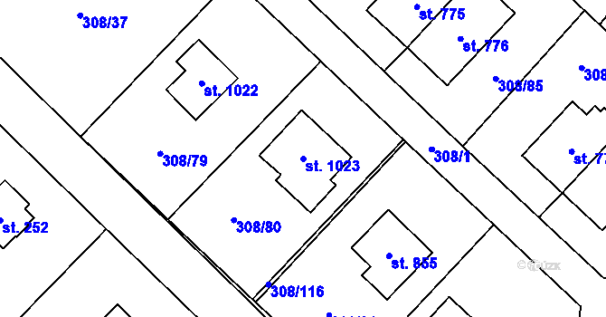 Parcela st. 1023 v KÚ Kamenný Přívoz, Katastrální mapa