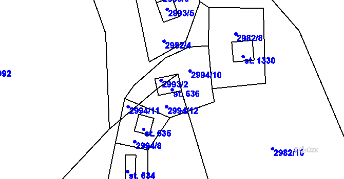 Parcela st. 636 v KÚ Kamenný Újezd, Katastrální mapa