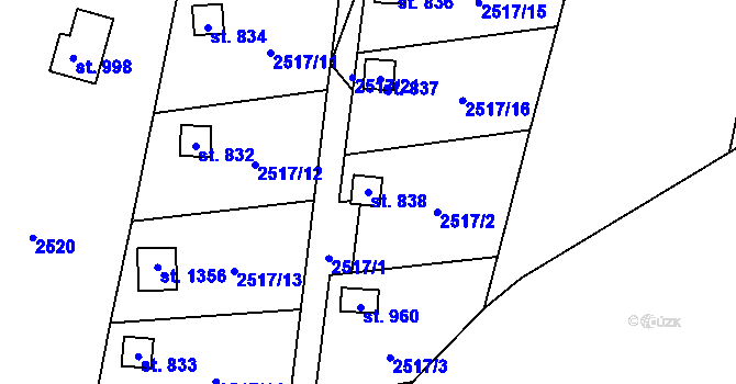 Parcela st. 838 v KÚ Kamenný Újezd, Katastrální mapa