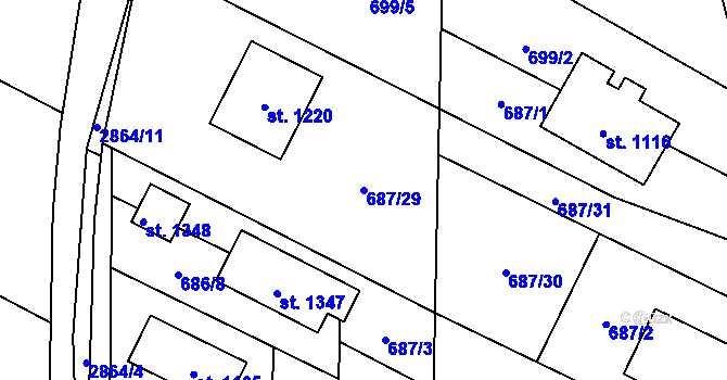 Parcela st. 687/29 v KÚ Kamenný Újezd, Katastrální mapa