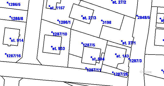 Parcela st. 1287/5 v KÚ Kamenný Újezd, Katastrální mapa