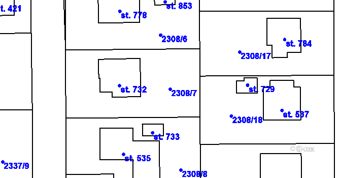 Parcela st. 2308/7 v KÚ Kamenný Újezd, Katastrální mapa