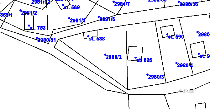 Parcela st. 2980/2 v KÚ Kamenný Újezd, Katastrální mapa