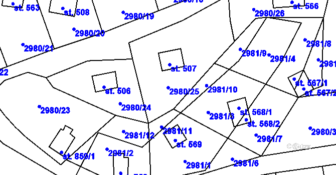 Parcela st. 2980/25 v KÚ Kamenný Újezd, Katastrální mapa