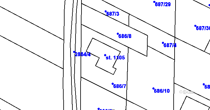 Parcela st. 1105 v KÚ Kamenný Újezd, Katastrální mapa