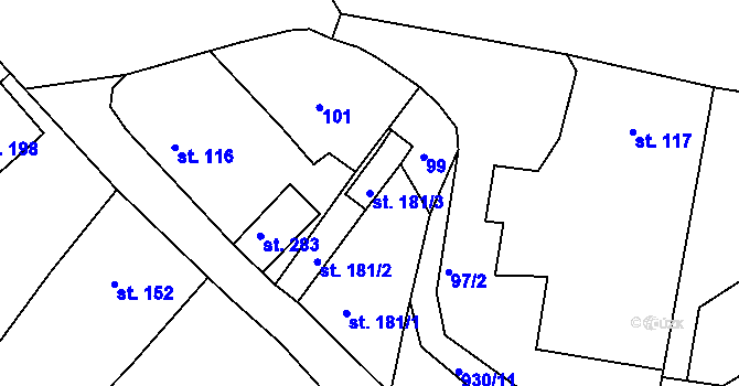 Parcela st. 181/3 v KÚ Kamenný Újezd u Rokycan, Katastrální mapa