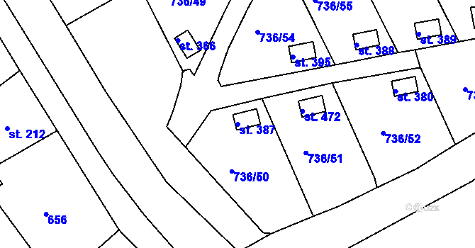 Parcela st. 387 v KÚ Kamenný Újezd u Rokycan, Katastrální mapa