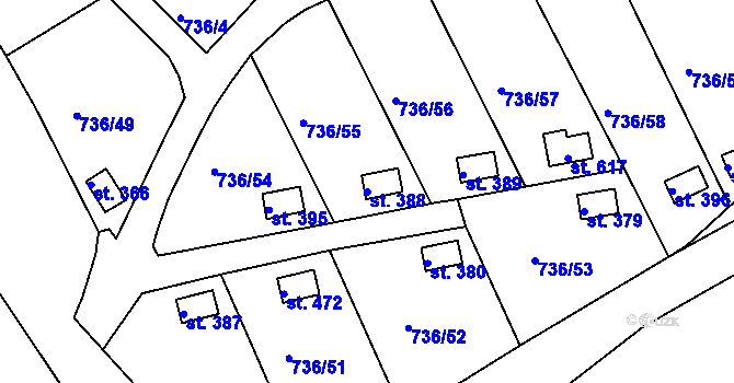 Parcela st. 388 v KÚ Kamenný Újezd u Rokycan, Katastrální mapa