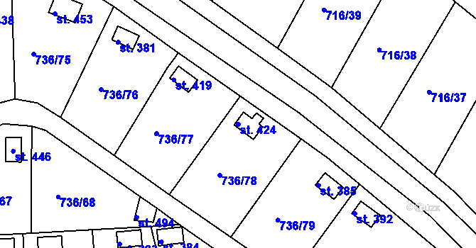 Parcela st. 424 v KÚ Kamenný Újezd u Rokycan, Katastrální mapa