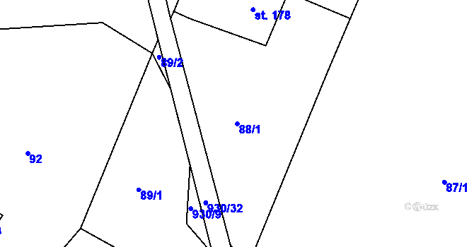 Parcela st. 88/1 v KÚ Kamenný Újezd u Rokycan, Katastrální mapa