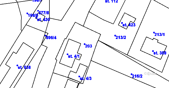 Parcela st. 203 v KÚ Kamenný Újezd u Rokycan, Katastrální mapa