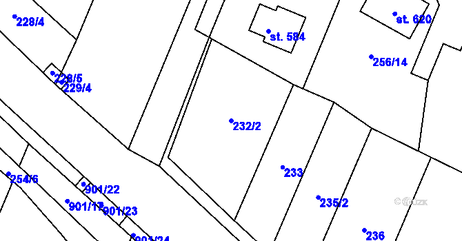 Parcela st. 232/2 v KÚ Kamenný Újezd u Rokycan, Katastrální mapa