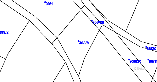 Parcela st. 308/8 v KÚ Kamenný Újezd u Rokycan, Katastrální mapa