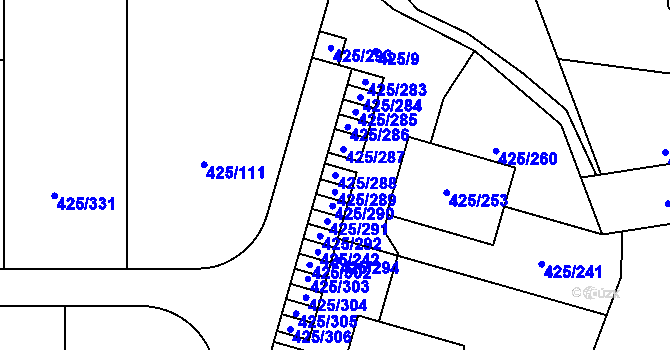 Parcela st. 425/288 v KÚ Kanice, Katastrální mapa