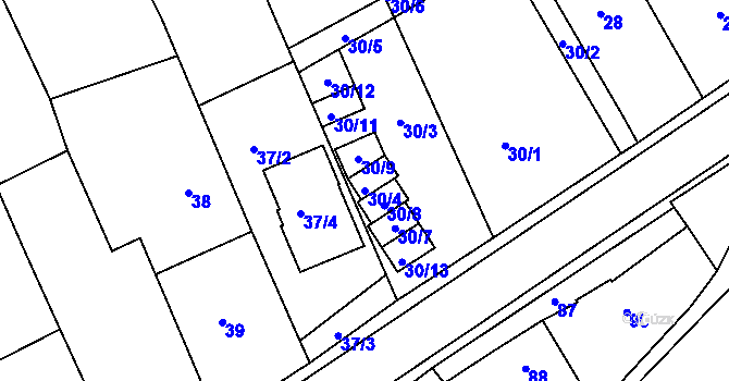 Parcela st. 30/4 v KÚ Kanice, Katastrální mapa